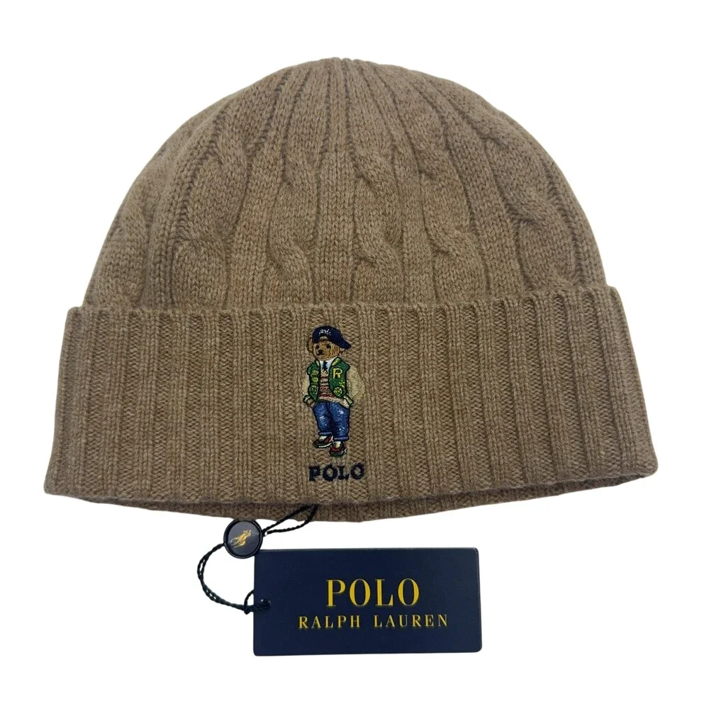 Polo Ralph Lauren Polo Bear Beanie Mens Wool Cable Knit Light Brown Logo Hat